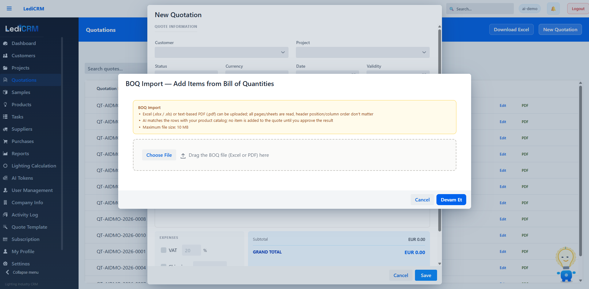 BOQ import dialog for adding bill-of-quantities lines to a quotation from an Excel or PDF file, matched against the product catalogue.